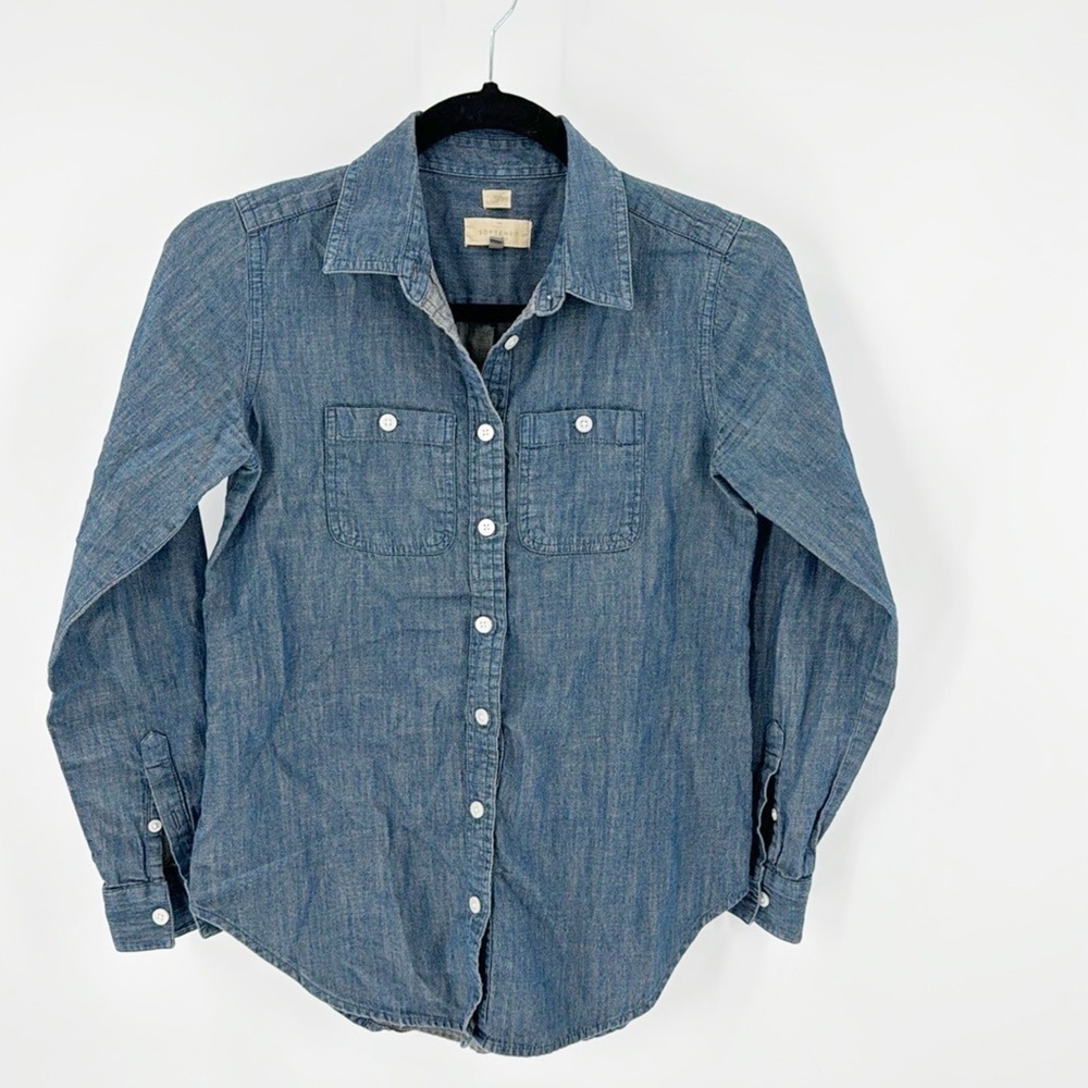 Loft chambray softened button down classic chic versatile closet staple